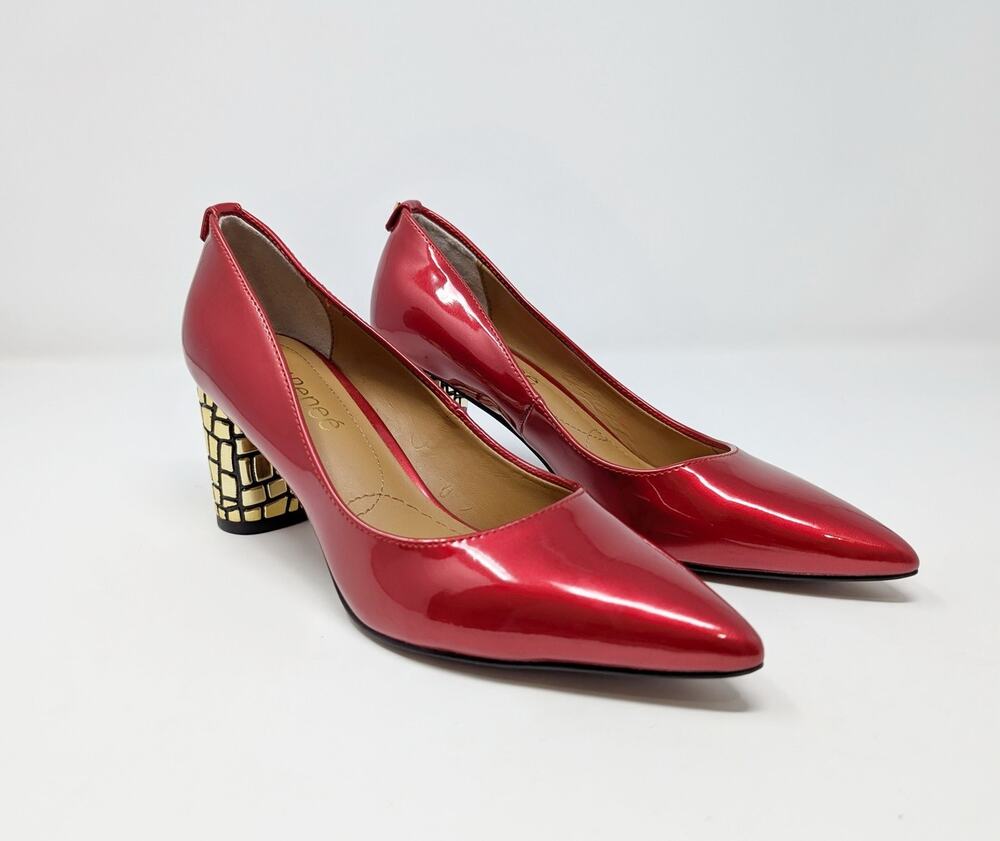 J. Renee Heels Red Patent Faux Leather Gold Block Heel Shoes Women's Size 7